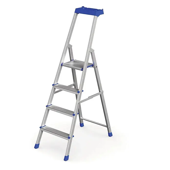 Werner Stehleiter Stufenstehleiter Pro Smart 4 Stufen - Anzahl Tritte: 4 Stk., Arbeitshöhe: 2.990 m, Aluminium - Silberne Aluminium-Klappleiter mit blauen Details und oberer Ablageschale.