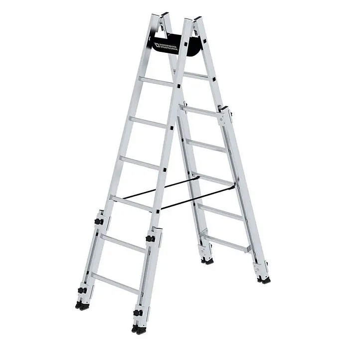 MUNK Aluminium Stehleiter, treppengängig, mit 4 Holmverlängerungen 2x7 Sprossen -  - Verstellbare silberne Aluminium-Gelenkleiter mit schwarzen Stabilisierungselementen für verschiedene Einsatzzwecke.