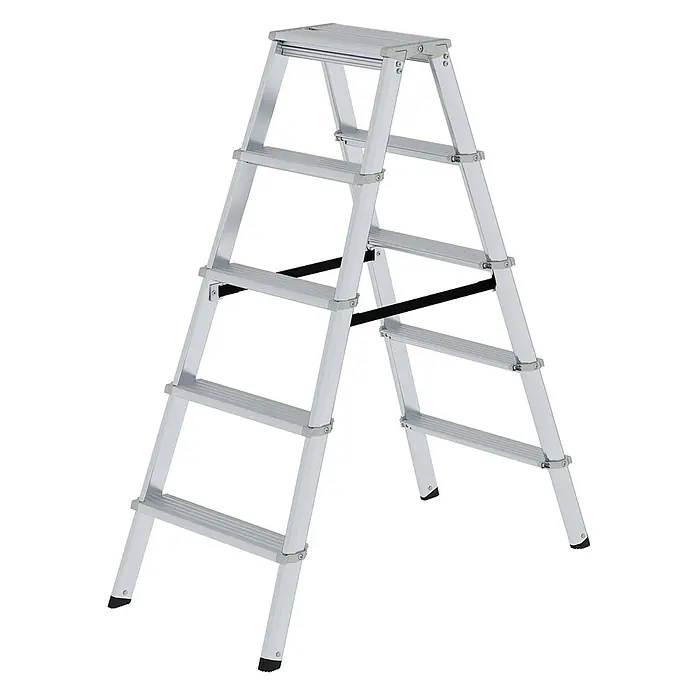 Munk Stehleiter Stufenstehleiter ML 2x5 Stufen - Arbeitshöhe: 2.700 m, Aluminium - Silberne Aluminium-Klappleiter mit fünf Stufen und einer oberen Plattform.