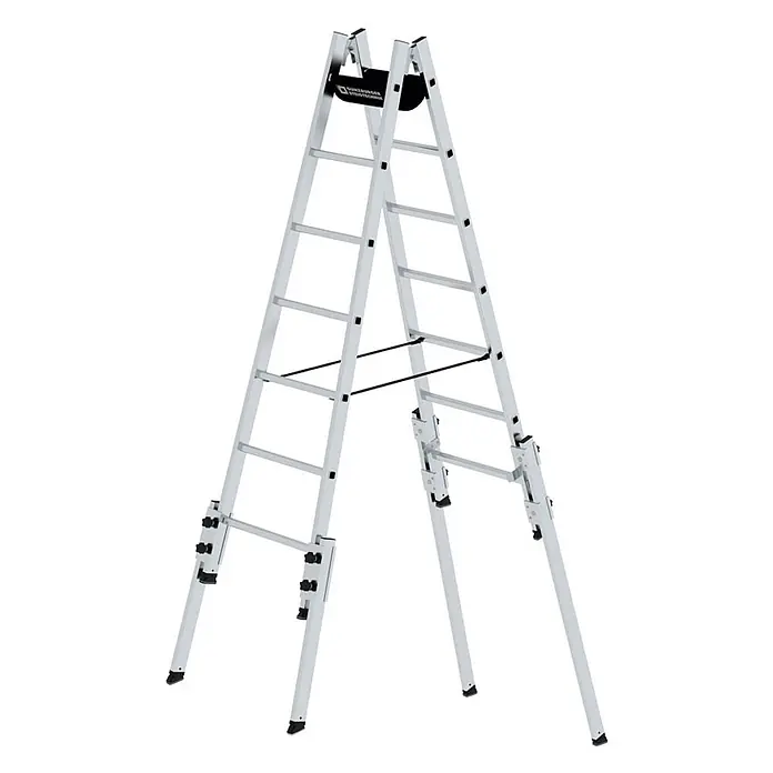 MUNK Aluminium Stehleiter, treppengängig, mit 4 Holmverlängerungen 2x7 Sprossen -  - Silberne, verstellbare Aluminium-Mehrzweckleiter in A-Form.
