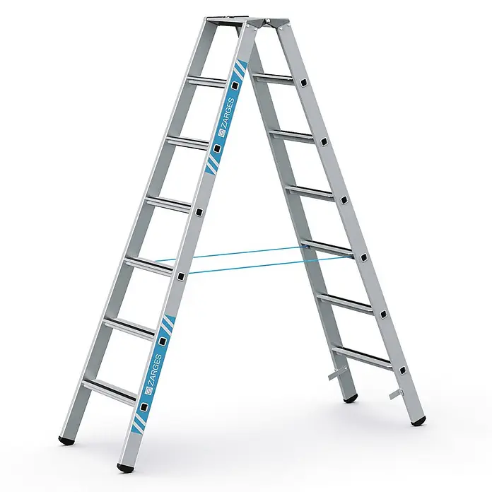 Zarges Stehleiter gebördelte Stehleiter, eloxiert Saferstep B 2x7 Stufen - Anzahl Tritte: 7 Stk., Arbeitshöhe: 3.300 m, Aluminium - Silberne Aluminium-Doppelleiter mit blauer ZARGES-Markierung und blauen Sicherungsriemen.