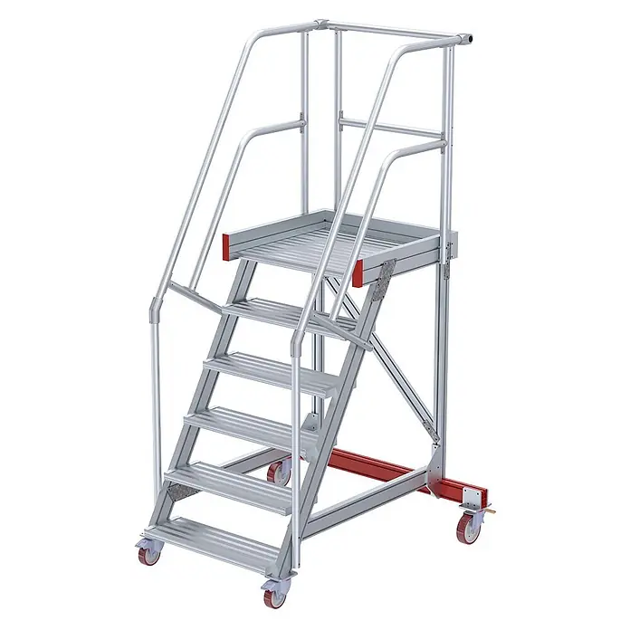 Euroline Stehleiter 513 Wartungsbühne 60° 800mm Stufenbreite 6 Stufen Alu gerieft - Anzahl Tritte: 4 Stk., Aluminium - Mobile Aluminium-Arbeitsplattform mit 5 Stufen, Handläufen und rot akzentuiertem Fahrgestell für sicheren Zugang.