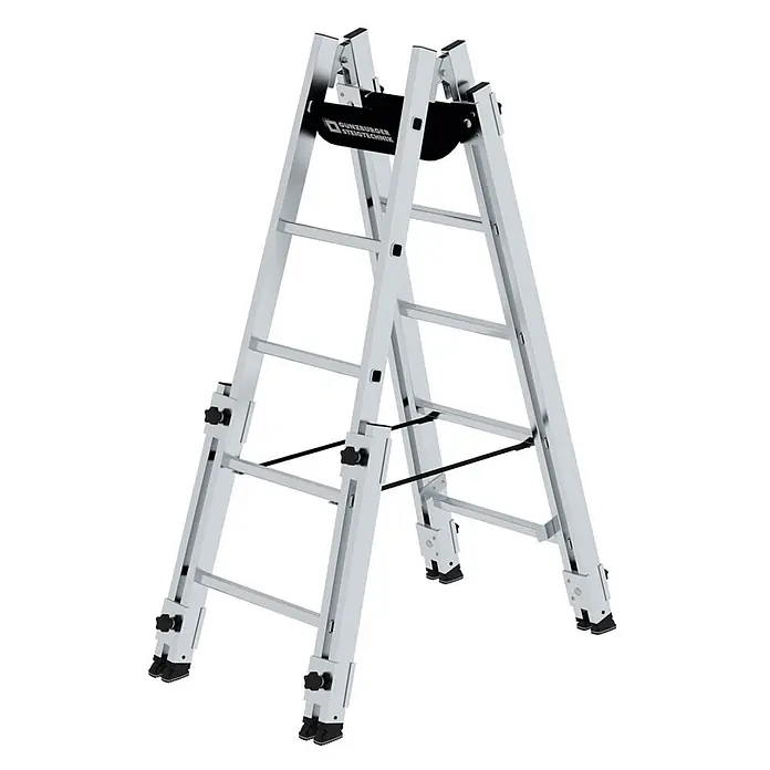 Munk Stehleiter Aluminium Stehleiter, treppengängig, mit 4 Holmverlängerungen 2x5 Sprosse - Anzahl Tritte: 5 Stk., Arbeitshöhe: 3.600 m, Aluminium - Silberfarbene Aluminium-Mehrzweckleiter in A-Form, mit verstellbaren Beinen und schwarzem Markenband.