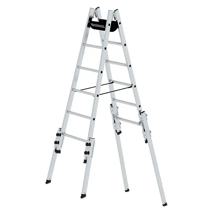 Munk Stehleiter Aluminium Stehleiter, treppengängig, mit 4 Holmverlängerungen 2x6 Sprosse - Anzahl Tritte: 6 Stk., Arbeitshöhe: 3.900 m, Aluminium - Silberne Aluminium-Mehrzweckgelenkleiter in A-Form, mit verstellbaren Beinen und Sicherheitsfunktionen.