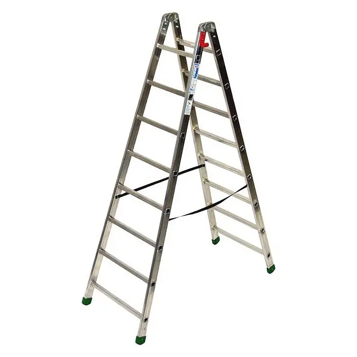 Facal Stehleiter Professional 1 Stehleiter S600 8 Sprossen - Anzahl Tritte: 8 Stk., Arbeitshöhe: 3.500 m, Aluminium - Silberne Aluminium-Klappleiter mit grünen Anti-Rutsch-Füßen und schwarzen Sicherheitsgurten für diverse Steigarbeiten.