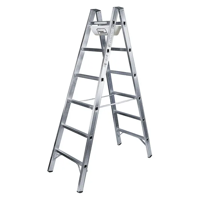 Iller Leiter Stehleiter Sprossensteh mit 2x6 Sprossen 3,10m AH und Werkzeugablage - Anzahl Tritte: 6 Stk., Arbeitshöhe: 3.100 m, Aluminium - Silberne Aluminium-Klappleiter mit mehreren Sprossen und oberer Ablageschale.