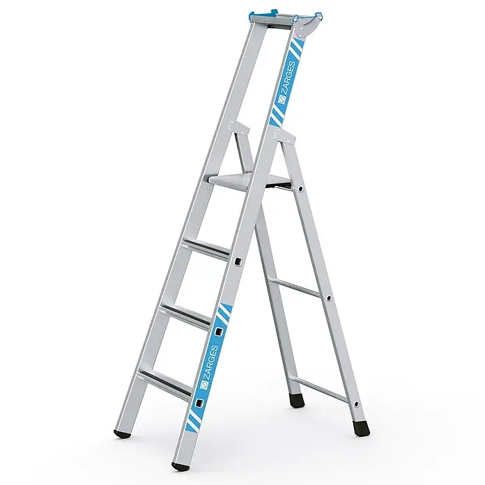 Zarges Stehleiter gebördelte Stehleiter Saferstep S eloxiert 4 Stufen - Anzahl Tritte: 4 Stk., Arbeitshöhe: 3.100 m, Aluminium - Silberne Aluminium-Klappleiter mit vier Stufen und blauen Akzenten, mit schwarzen Anti-Rutsch-Füßen.