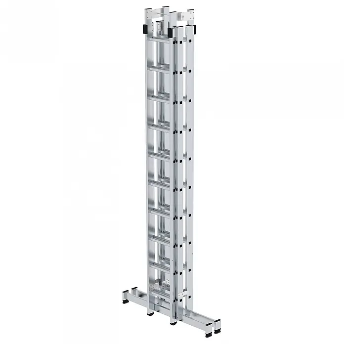 Munk Stehleiter Stehleiter mit nivello-Traverse 4x10 Sprossen - Anzahl Tritte: 12 Stk., Arbeitshöhe: 6.000 m, Aluminium - Silberne Aluminium-Mehrfachauszugsleiter mit breitem Standfuß.