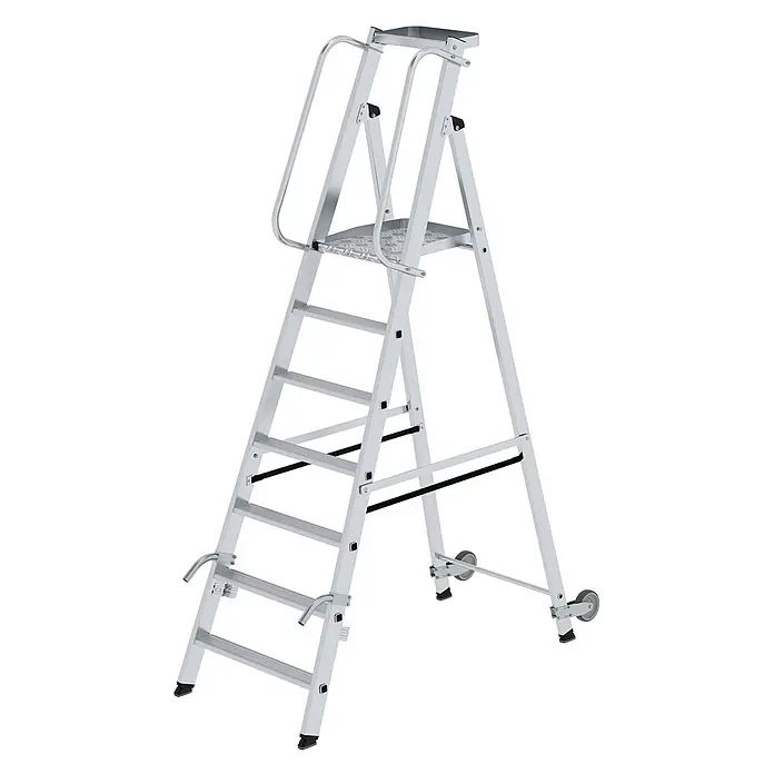 Munk Stehleiter Aluminium-Stehleiter mit Rollen und Griff 7 Stufen - Anzahl Tritte: 7 Stk., Arbeitshöhe: 3.650 m, Aluminium - Silberne Aluminium-Plattformleiter mit Sicherheitsgeländern und Rollen.