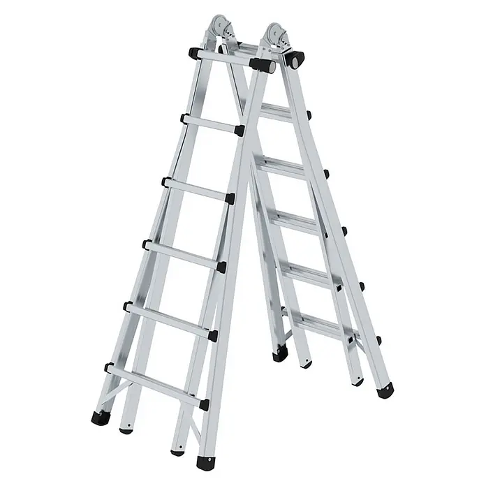 Munk Stehleiter Gelenk-Teleskopleiter 4x6 Sprossen - Anzahl Tritte: 6 Stk., Arbeitshöhe: 7.500 m, Aluminium - Silberne Mehrzweck-Aluminiumleiter, als A-förmige Stehleiter mit schwarzen Fußkappen und Sprossenverbindern aufgestellt.