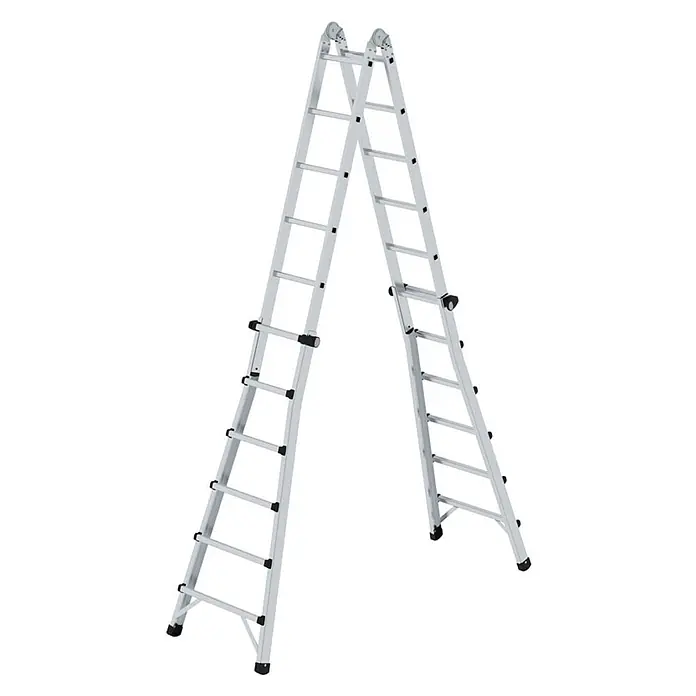 Munk Stehleiter Gelenk-Teleskopleiter 4x6 Sprossen - Anzahl Tritte: 6 Stk., Arbeitshöhe: 7.500 m, Aluminium - Silberne Aluminium-Gelenkleiter in A-Position.