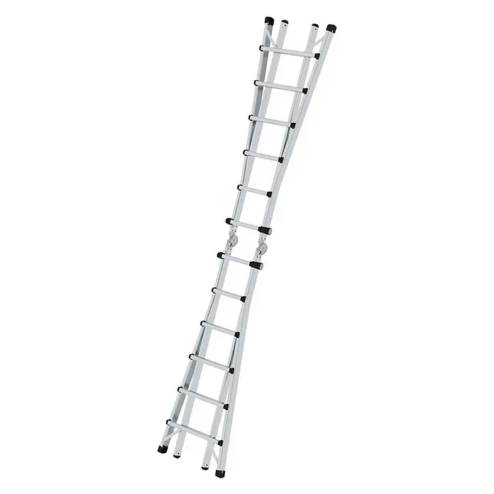Munk Stehleiter Gelenk-Teleskopleiter 4x6 Sprossen - Anzahl Tritte: 6 Stk., Arbeitshöhe: 7.500 m, Aluminium - Silberne Aluminium-Gelenkleiter mit schwarzen Anti-Rutsch-Füßen und klappbaren Abschnitten.