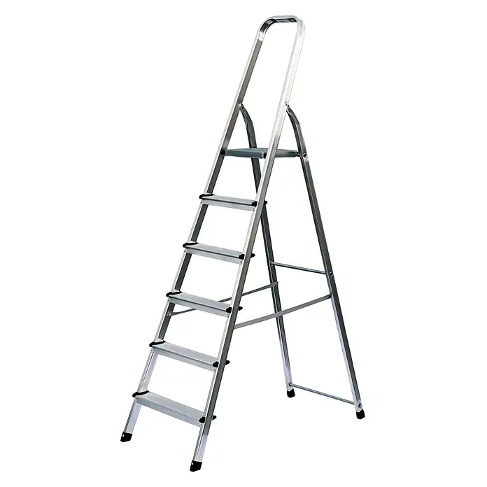 Munk Stehleiter Standard Haushaltsleiter 6 Stufen - Anzahl Tritte: 6 Stk., Arbeitshöhe: 3.400 m, Aluminium - Silberne Aluminium-Klappleiter mit 5 Stufen und einem oberen Haltegriff.