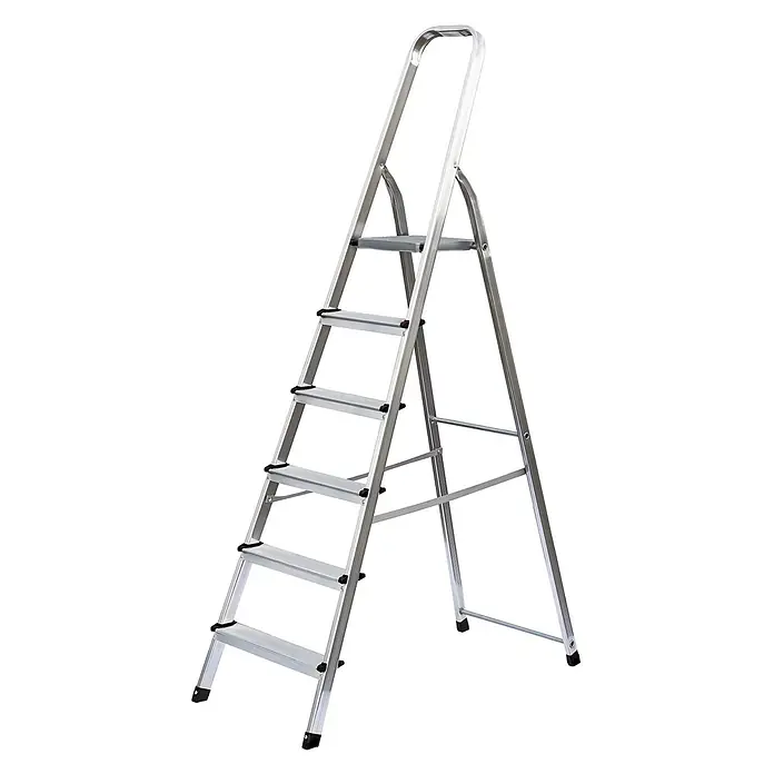 Munk Stehleiter Standard Haushaltsleiter 6 Stufen - Anzahl Tritte: 6 Stk., Arbeitshöhe: 3.400 m, Aluminium - Silberne Aluminium-Klappleiter mit mehreren Stufen und hohem Haltegriff.