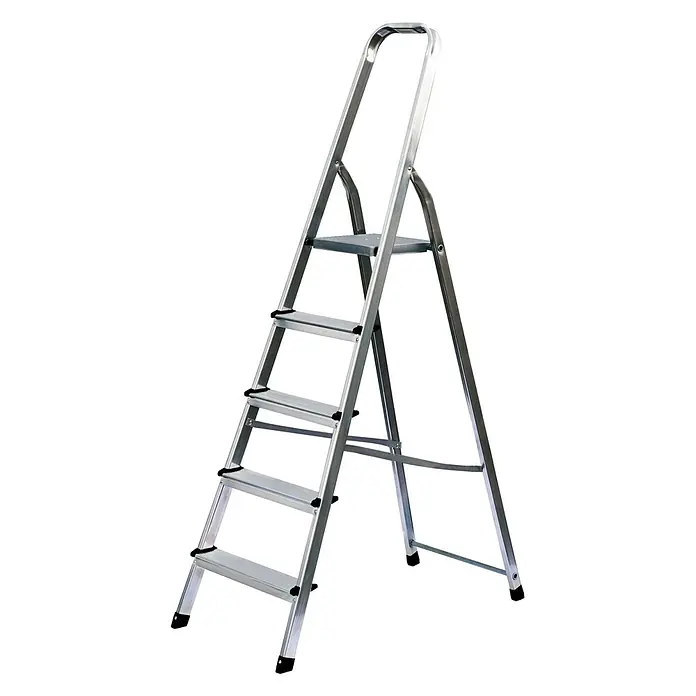 Munk Stehleiter Standard Haushaltsleiter 5 Stufen - Anzahl Tritte: 5 Stk., Arbeitshöhe: 3.200 m, Aluminium - Silberne Aluminium-Klappleiter mit 4 Stufen und einer oberen Plattform.