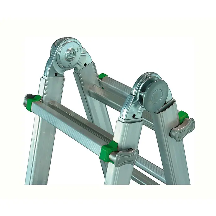 Facal Stehleiter Teleskopleiter Brikoplus S600 2x4+2x5 Sprossen - Anzahl Tritte: 5 Stk., Arbeitshöhe: 5.800 m, Aluminium - Einstellbares Aluminium-Leiterscharnier mit grünen Verriegelungshebeln, das das Gelenk einer Mehrzweckleiter zeigt.