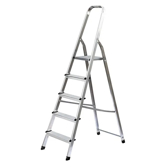 Munk Stehleiter Standard Haushaltsleiter 5 Stufen - Anzahl Tritte: 5 Stk., Arbeitshöhe: 3.200 m, Aluminium - Silberfarbene Aluminium-Klappleiter mit fünf Stufen, Haltegriff oben und schwarzen Antirutschfüßen.