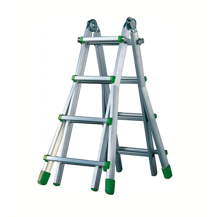 Facal Stehleiter Teleskopleiter Brikoplus S600 2x4+2x5 Sprossen - Anzahl Tritte: 5 Stk., Arbeitshöhe: 5.800 m, Aluminium - Verstellbare Aluminiumleiter in Silber mit grünen Sicherheitskappen, in A-Form aufgestellt.