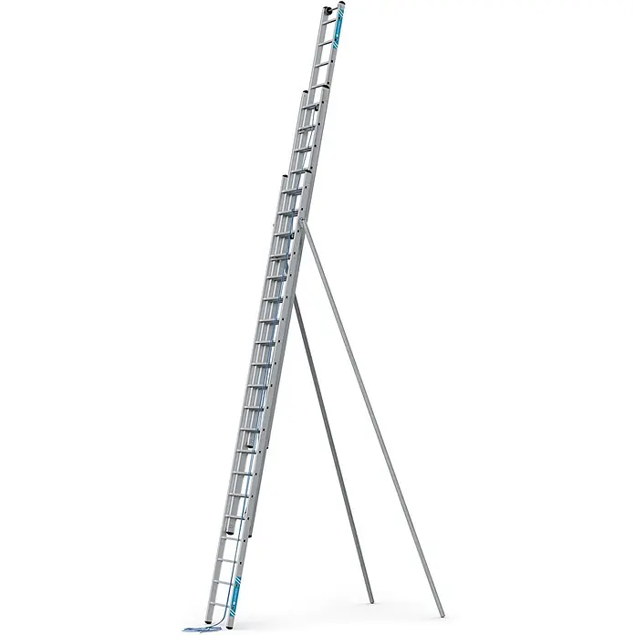 Zarges Seilzugleiter Seilzugleiter Skyline 3E 3x20 Sprossen - Anzahl Tritte: 20 Stk., Arbeitshöhe: 14.700 m, Aluminium - Aluminium-Anlegeleiter mit blauem Seil und selbsttragendem Ständer.