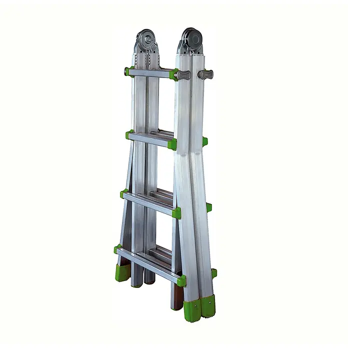 Facal Stehleiter Teleskopleiter Brikoplus S600 2x4+2x5 Sprossen - Anzahl Tritte: 5 Stk., Arbeitshöhe: 5.800 m, Aluminium - Kompakte silberne Aluminium-Mehrzweckleiter mit grünen Gelenken und rutschfesten Füßen, bereit für diverse Aufgaben.