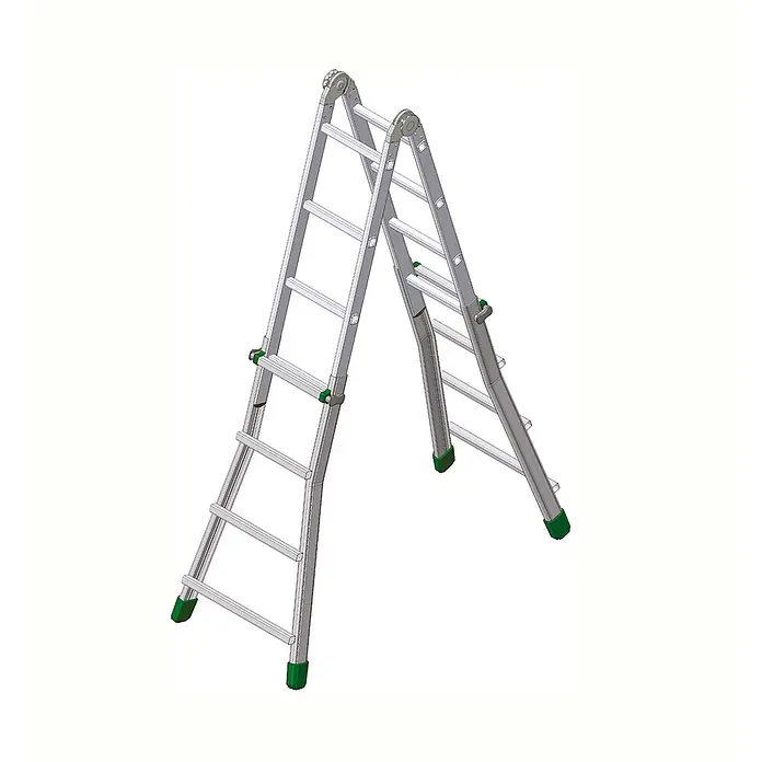 Facal Stehleiter Teleskopleiter Brikoplus S600 2x4+2x5 Sprossen - Anzahl Tritte: 5 Stk., Arbeitshöhe: 5.800 m, Aluminium - Silberne Aluminium-Klappleiter in A-Form mit grünen Füßen und Verriegelungen.