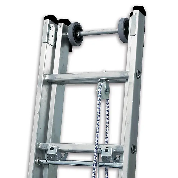 Munk Seilzugleiter Seilzugleiter mit Traverse 2x20 Sprossen - Anzahl Tritte: 20 Stk., Arbeitshöhe: 11.400 m, Aluminium - Silberne Aluminium-Ausziehleiter mit Seilzugsystem und oberen Rollen zum einfachen Ausfahren und Anlegen an Wände.