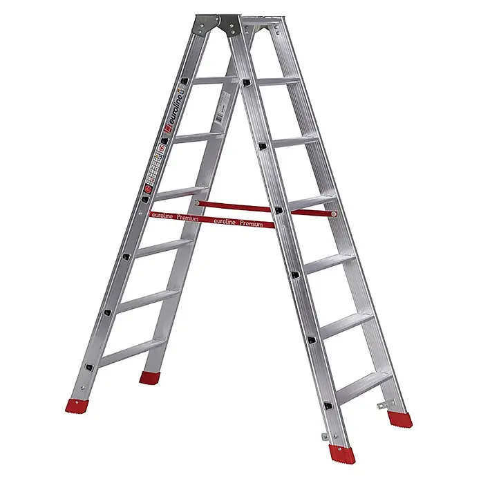 Euroline Stehleiter Premium 30577 Stufenstehleiter 2x7 Stufen - Anzahl Tritte: 7 Stk., Arbeitshöhe: 3.200 m, Aluminium - Silberne Aluminium-Doppelleiter mit roten Stabilisatoren und rutschfesten Füßen.