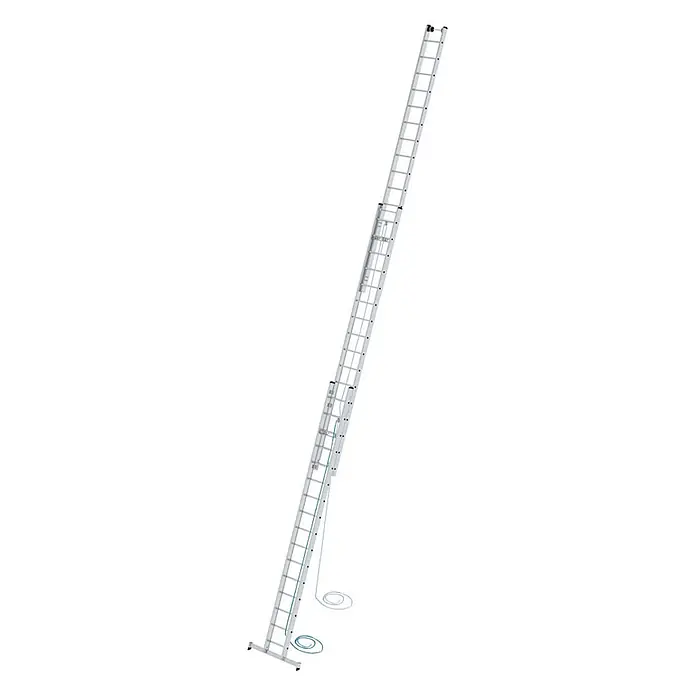 Munk Seilzugleiter Seilzugleiter mit nivello-Traverse 3x16 Sprossen - Anzahl Tritte: 16 Stk., Arbeitshöhe: 11.900 m, Aluminium - Lange silberne Aluminium-Ausziehleiter mit blauem Seil zur Verlängerung und Stabilisierungsstange am Fuß.