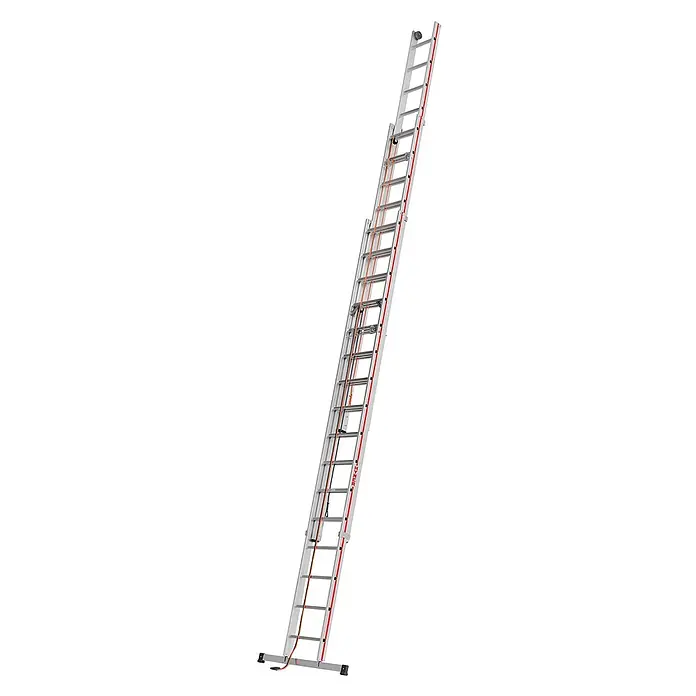 Hymer Seilzugleiter Seilzugleiter mit Wandlaufrollen 3x16 Sprossen - Arbeitshöhe: 11.100 m, Aluminium - Zweiteilige Aluminium-Schiebeleiter mit Seilzugsystem, roten Akzenten und schwarzen Fußstabilisatoren.
