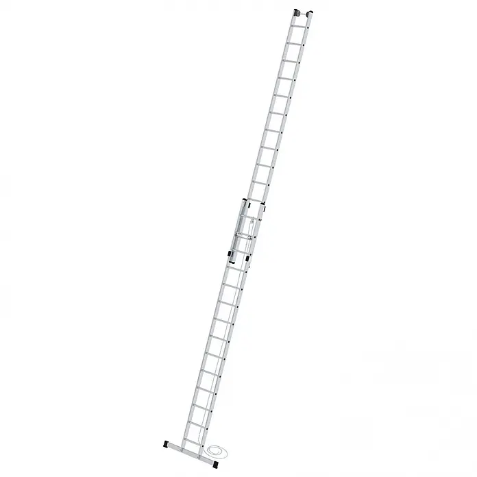 Munk Seilzugleiter Seilzugleiter mit Traverse 2x14 Sprossen - Anzahl Tritte: 14 Stk., Arbeitshöhe: 8.300 m, Aluminium - Silberne Aluminium-Ausziehleiter, ausgefahren, mit Seilzugsystem und oberen Rollen.