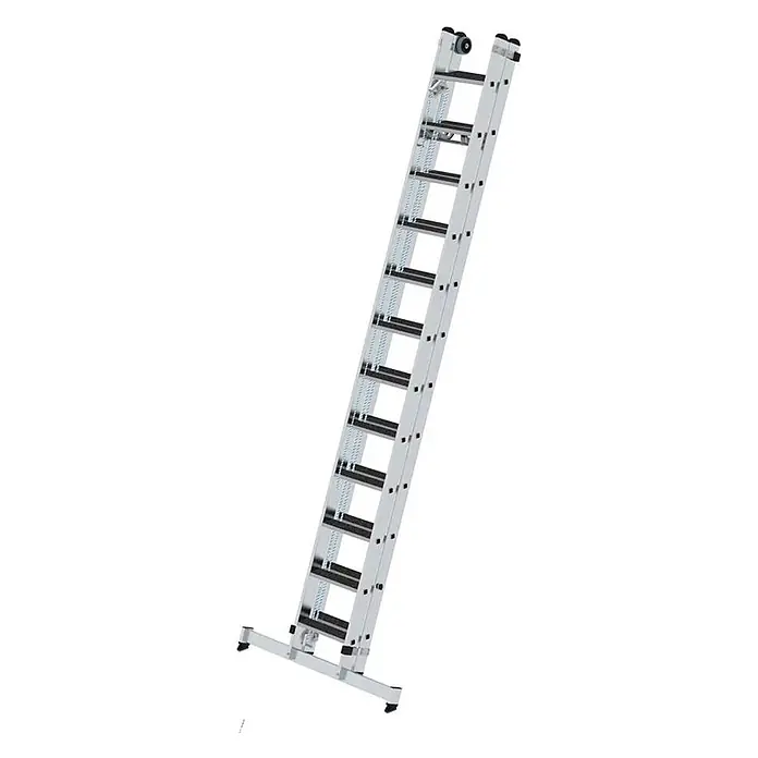 Munk Seilzugleiter Stufen- Seilzugleiter mit Nivello-Traverse und clip-step R13 2x12 Stufen - Anzahl Tritte: 12 Stk., Arbeitshöhe: 7.000 m, Aluminium - Silberne Aluminium-Ausziehleiter mit schwarzen Stufen, breiter Standtraverse und Rollensystem zur einfachen Verlängerung.