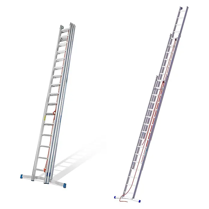 Mauderer Seilzugleiter Bavaria Seilzugleiter 965 mit gebogener Traverse verstärkte 3x14 Dreikants - Anzahl Tritte: 14 Stk., Arbeitshöhe: 10.900 m, Belastbarkeit: 150 kg, Aluminium - Silberne Aluminium-Ausziehleiter mit Seilzugsystem und breiter Stabilisatorbasis.