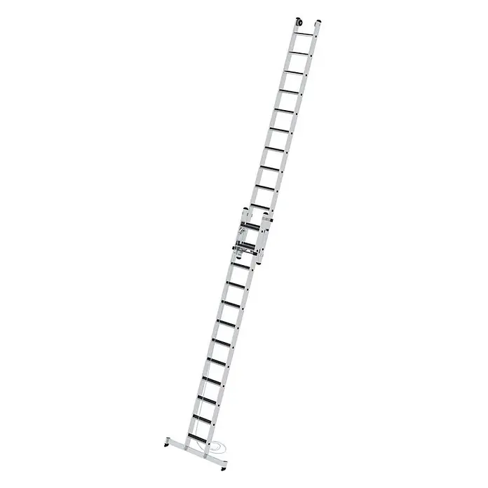 Munk Seilzugleiter Stufen- Seilzugleiter mit Nivello-Traverse und clip-step R13 2x12 Stufen - Anzahl Tritte: 12 Stk., Arbeitshöhe: 7.000 m, Aluminium - Silberne Aluminium-Ausziehleiter mit Seilzugsystem, mehreren verstellbaren Abschnitten und Stabilisatorstange.
