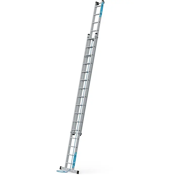 Zarges Seilzugleiter Skyline 2E Seilzugleiter 2x16 Sprossen - Anzahl Tritte: 16 Stk., Arbeitshöhe: 9.000 m, Aluminium - Silberne Aluminium-Ausziehleiter mit mehreren Segmenten und blauer Seilmechanik, nach oben gelehnt.