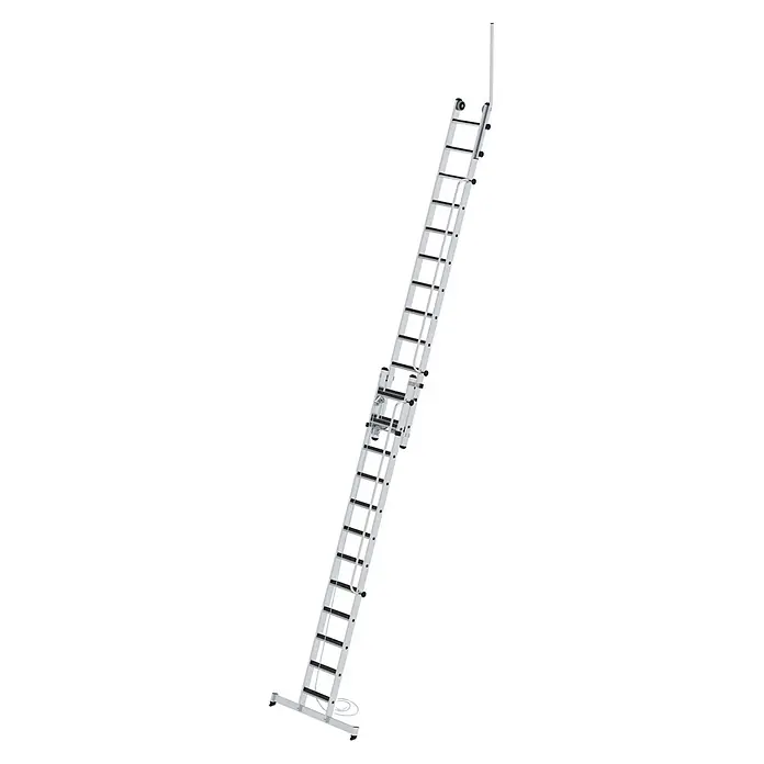 Munk Seilzugleiter Stufen- Seilzugleiter 2-teilig mit Handlauf und Ausstiegsholm 2x12 Stufen - Arbeitshöhe: 7.000 m, Belastbarkeit: 150 kg, Aluminium - Silberne Aluminium-Ausziehleiter mit rutschfesten Sprossen und ausfahrbarem Teil für Arbeiten in der Höhe.