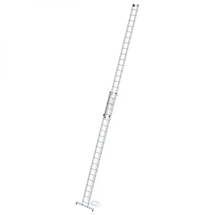 Munk Seilzugleiter Seilzugleiter mit nivello-Traverse 2x20 Sprossen - Anzahl Tritte: 20 Stk., Arbeitshöhe: 11.400 m, Aluminium - Silberne Aluminium-Auszugsleiter mit mehreren Teilen, Seilzug, Stabilisator und Rollen.