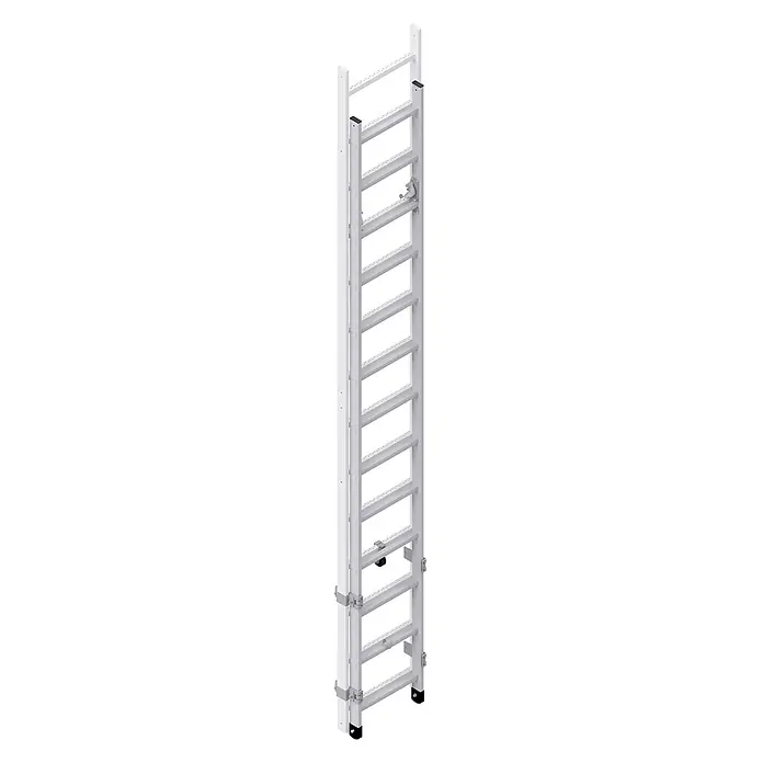 Hymer Seilzugleiter Einstieg einziehbar mit Seilzug ohne Rückenschutzkorb - Aluminium - Weiß-silberne Aluminium-Klappleiter mit verstellbarer Höhe und Sicherheitsverschlüssen.