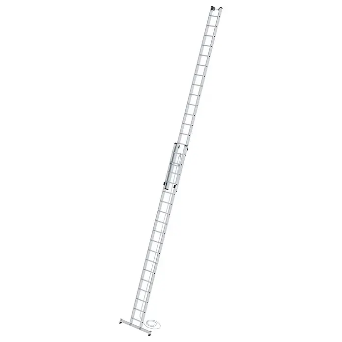 Munk Seilzugleiter Seilzugleiter mit nivello-Traverse 2x18 Sprossen - Anzahl Tritte: 18 Stk., Arbeitshöhe: 10.300 m, Aluminium - Silberne Aluminium-Ausziehleiter mit Seilzugmechanismus und stabilisierenden Füßen.