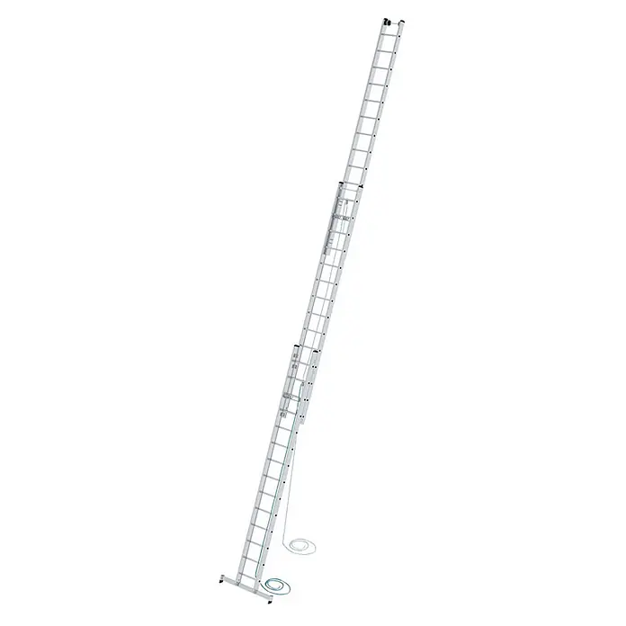 Munk Seilzugleiter Seilzugleiter mit nivello-Traverse 3x14 Sprossen - Anzahl Tritte: 14 Stk., Arbeitshöhe: 10.800 m, Aluminium - Silberne Aluminium-Ausziehleiter mit blauem Seilzug, vollständig ausgefahren.