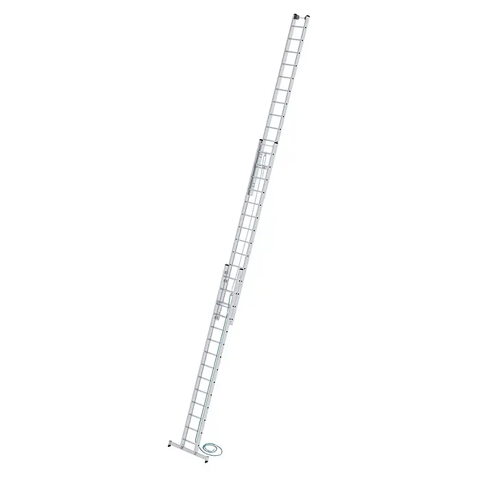 Munk Seilzugleiter Seilzugleiter mit nivello-Traverse 3x14 Sprossen - Anzahl Tritte: 14 Stk., Arbeitshöhe: 10.800 m, Aluminium - Silberne Aluminium-Ausziehleiter mit Seilzug und breitem Stabilisierungsfuß.