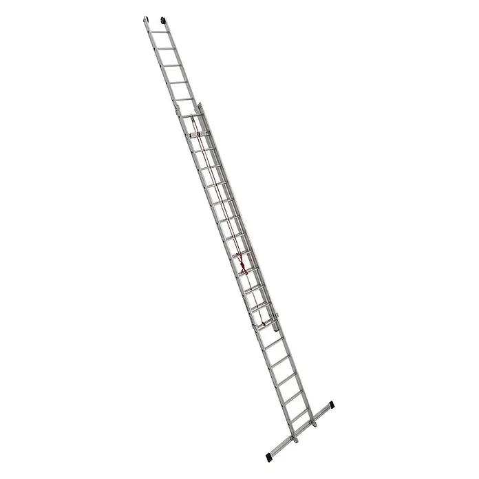 Euroline Seilzugleiter Premium 312 Seilzugleiter 2x18 Sprossen - Anzahl Tritte: 18 Stk., Arbeitshöhe: 10.600 m - Graue Aluminium-Ausziehleiter mit rotem Seilzugmechanismus und unterem Stabilisatorbalken.