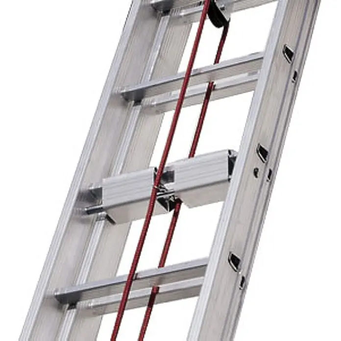 Euroline Seilzugleiter Premium 312 Seilzugleiter 2x18 Sprossen - Anzahl Tritte: 18 Stk., Arbeitshöhe: 10.600 m - Silbernes Aluminium-Ausziehleiterteil mit rotem Seil und Rollensystem zur Höhenverstellung.