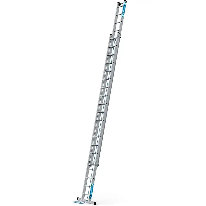 Zarges Seilzugleiter Skyline 2E Seilzugleiter 2x20 Sprossen - Anzahl Tritte: 20 Stk., Arbeitshöhe: 10.850 m, Aluminium - Lange, silberne ausziehbare Aluminiumleiter mit mehreren Abschnitten und blauem Seilzug zur Höhenverstellung.