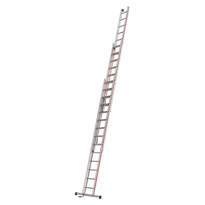 Hymer Seilzugleiter Seilzugleiter mit Wandlaufrollen 3x14 Sprossen - Arbeitshöhe: 9.840 m, Aluminium - Silberne Aluminium-Seilzugleiter mit roten Akzenten und orange/schwarzem Seil.