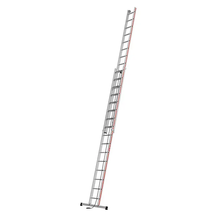 Hymer Seilzugleiter Seilzugleiter 2x16 Sprossen - Arbeitshöhe: 8.780 m, Aluminium - Silberne Aluminium-Ausziehleiter mit Seilzugsystem und einer Stabilisatorstange.