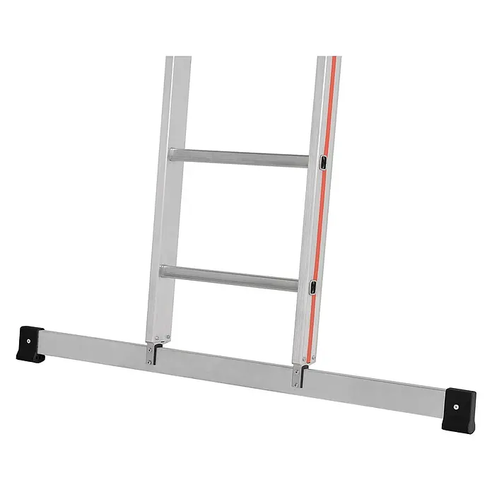 Hymer Seilzugleiter Seilzugleiter 2x18 Sprossen - Arbeitshöhe: 9.590 m, Aluminium - Silberne Aluminiumleiter mit roten Akzenten, ausgestattet mit einer breiten Stabilisatorstange und schwarzen Gummifüßen.
