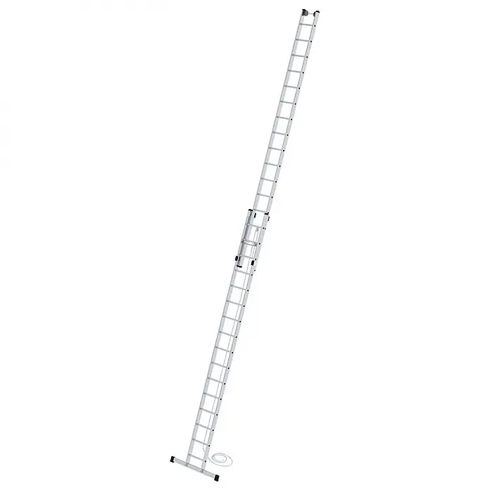 Munk Seilzugleiter Seilzugleiter mit Traverse 2x16 Sprossen - Anzahl Tritte: 16 Stk., Arbeitshöhe: 9.400 m, Aluminium - Silberne Aluminium-Ausziehleiter mit Seilzugsystem, breiter Standfuß und Rollen oben.