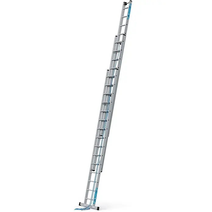 Zarges Seilzugleiter Seilzugleiter Skyline 3E 3x15 Sprossen - Anzahl Tritte: 15 Stk., Arbeitshöhe: 11.150 m, Aluminium - Silberne Aluminium-Ausziehleiter mit blauen Seilen zur Höhenverstellung.