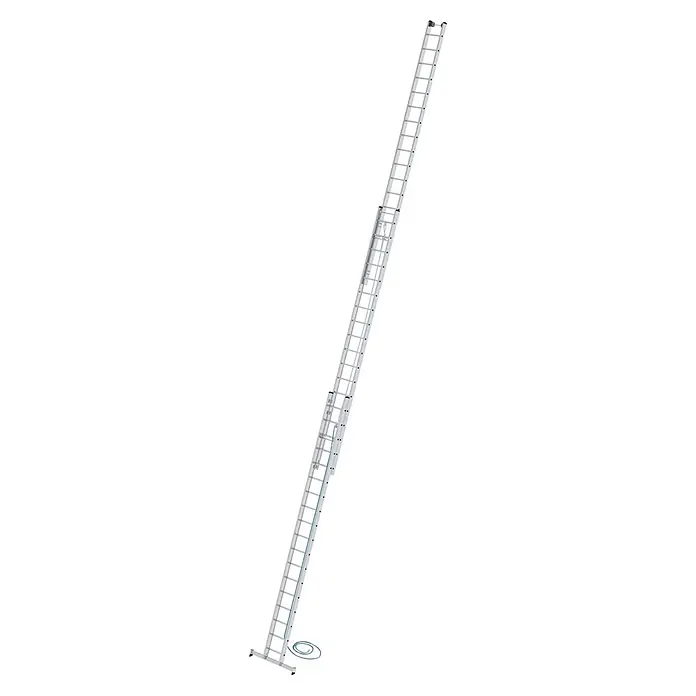 Munk Seilzugleiter Seilzugleiter mit nivello-Traverse 3x18 Sprossen - Anzahl Tritte: 18 Stk., Arbeitshöhe: 13.600 m, Aluminium - Silberne Aluminium-Seilzugleiter mit blauer Kordel zur Höhenverstellung.