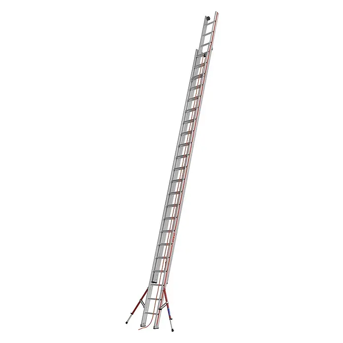 Hymer Seilzugleiter Seilzugleiter Teleskopausleger 2x22 Sprossen - Arbeitshöhe: 12.320 m, Aluminium - Zweiteilige Aluminium-Schiebeleiter mit rotem Seil und Stabilisierungsfüßen für verstellbaren Höhenzugang.